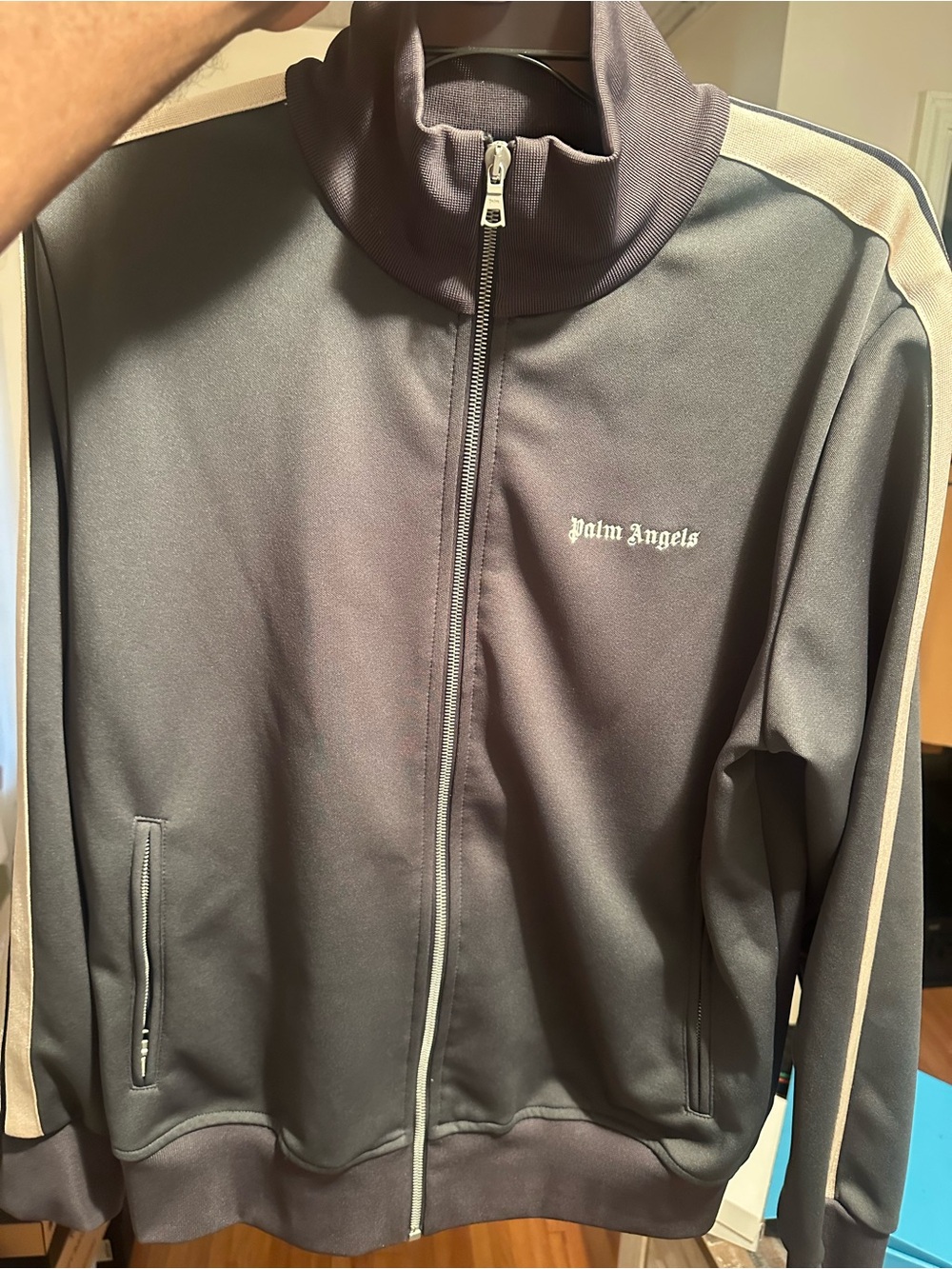 Palm Angels Men's Charcoal Track Jacket with Beige Stripes